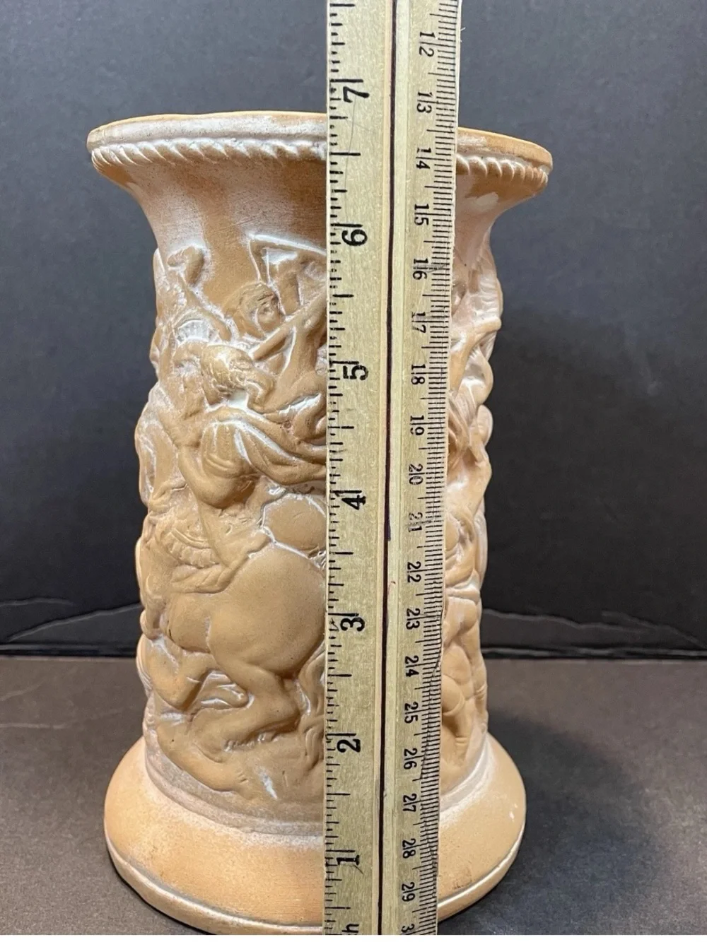 Italian Terracotta Vase Roman Gladiator  Relief Carving White Powder Patina